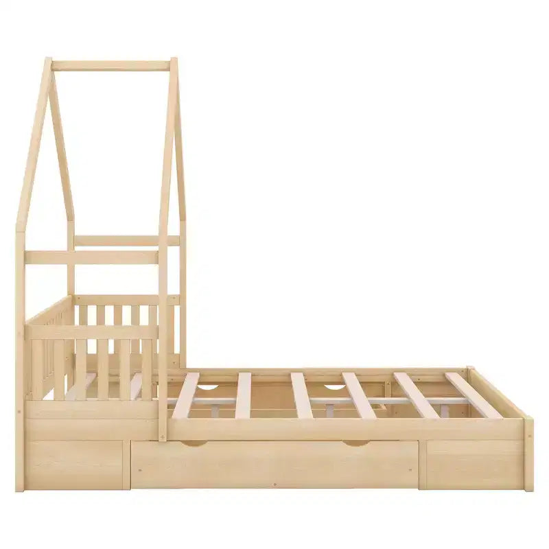 Lit plate-forme en bois Whisen, taille Queen, avec barrière de protection et 2 tiroirs