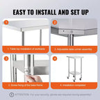 Table de Travail VEVOR en Acier Inoxydable 61 x 46 x 96,5 cm, avec 4 Roues, 3 Niveaux de Hauteur Réglables, Table de Préparation Alimentaire Robuste, Argenté