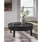 Table basse ronde Marstream avec tiroirs de rangement Signature Design by Ashley, style moderne champêtre, noire