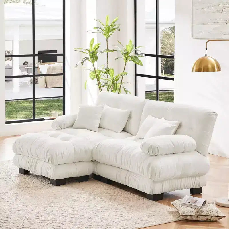 Chenille 2-Seater Cloud Couch Sectional with 2 Lumbar Pillows and 2 Throw Pillows, Convertible Ottoman Upholstered Sofa for Living Room