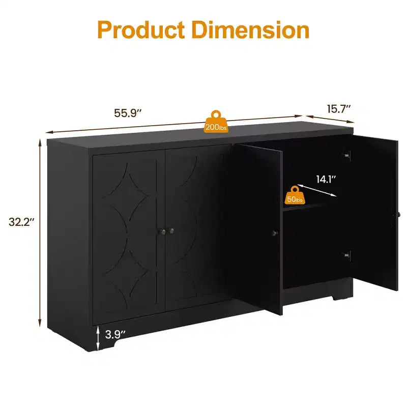 Heynemo Buffet de Rangement avec Armoire de Rangement, Buffet Moderne de 56 pouces avec 4 Portes et Étagères Réglables, Armoire d'Appoint Meuble Bar à Café