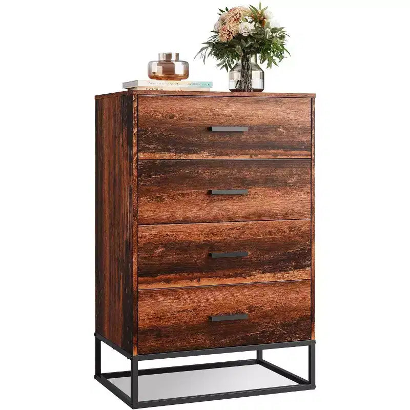 Commode de chambre à 4 tiroirs, table de chevet, commode, commode haute avec cadre métallique robuste pour couloir, salon, placard