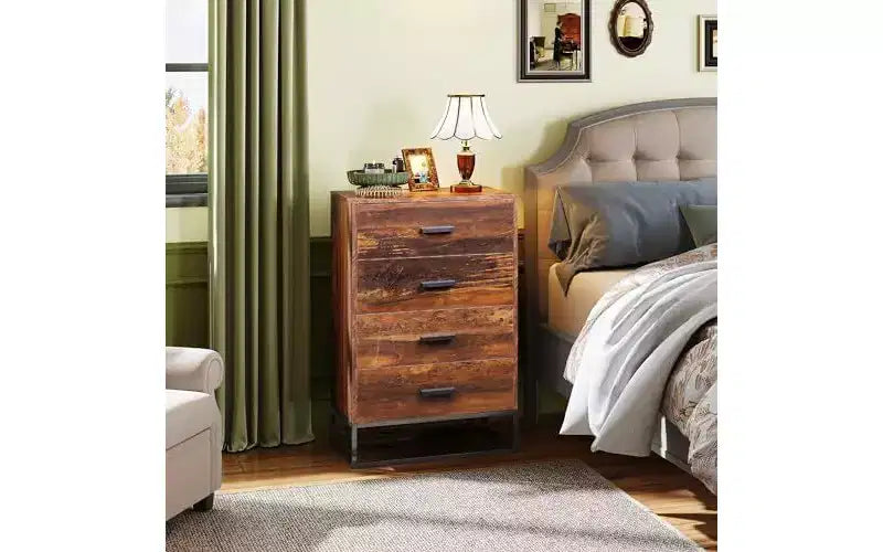 Commode de chambre à 4 tiroirs, table de chevet, commode, commode haute avec cadre métallique robuste pour couloir, salon, placard