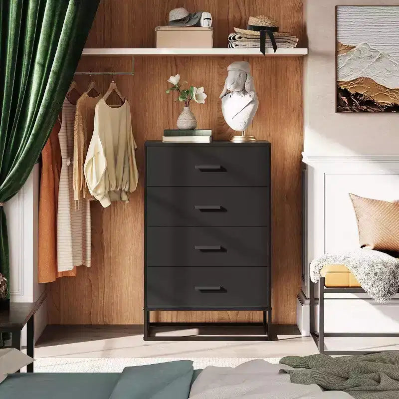 Commode de chambre à 4 tiroirs, table de chevet, commode, commode haute avec cadre métallique robuste pour couloir, salon, placard