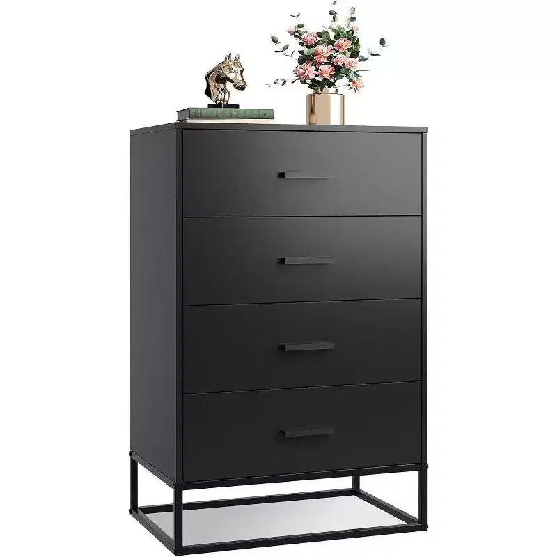 Commode de chambre à 4 tiroirs, table de chevet, commode, commode haute avec cadre métallique robuste pour couloir, salon, placard