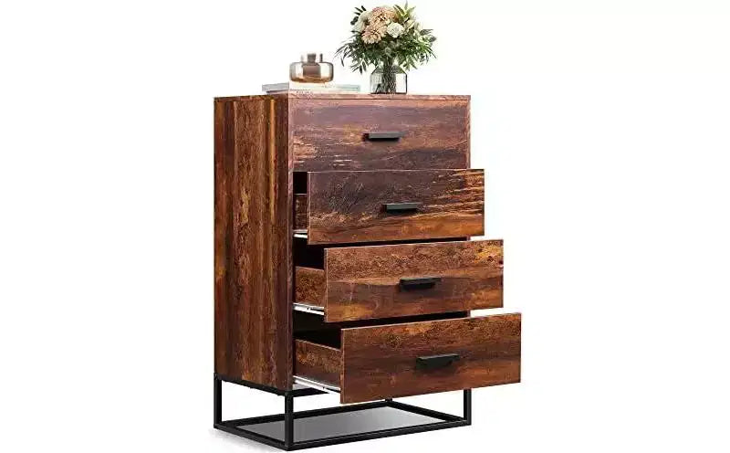Commode de chambre à 4 tiroirs, table de chevet, commode, commode haute avec cadre métallique robuste pour couloir, salon, placard