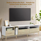 Meuble TV moderne, console TV, centre de divertissement avec 3 tiroirs et étagères ouvertes pour TV jusqu'à 70 pouces, Blanc+Naturel-ModernLuxe