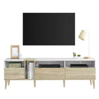 Meuble TV moderne, console TV, centre de divertissement avec 3 tiroirs et étagères ouvertes pour TV jusqu'à 70 pouces, Blanc+Naturel-ModernLuxe