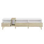 Meuble TV moderne, console TV, centre de divertissement avec 3 tiroirs et étagères ouvertes pour TV jusqu'à 70 pouces, Blanc+Naturel-ModernLuxe