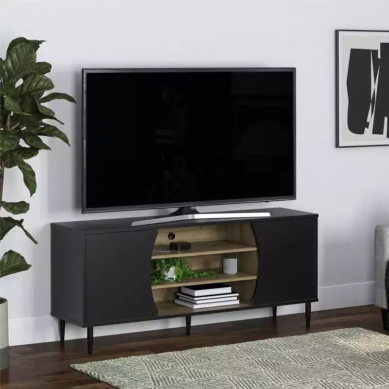 Meuble TV Delmar pour téléviseurs jusqu'à 65 pouces, noir et naturel