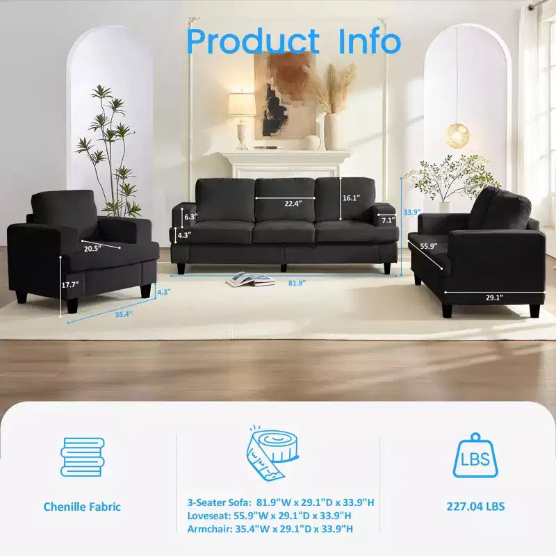 Mjkone Ensemble de canapé 3 pièces pour salon, largeur 82 po, comprenant un canapé 3 places et un canapés 2 places avec fauteuil, ensemble de meubles modulaires sectionnels