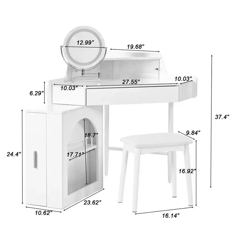 Coiffeuse d'angle avec tabouret Coiffeuse compacte avec miroir éclairé à 360°, tiroir et meuble de rangement, Noyer/Blanc-ModernLuxe
