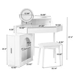 Coiffeuse d'angle avec tabouret Coiffeuse compacte avec miroir éclairé à 360°, tiroir et meuble de rangement, Noyer/Blanc-ModernLuxe