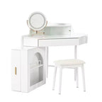 Coiffeuse d'angle avec tabouret Coiffeuse compacte avec miroir éclairé à 360°, tiroir et meuble de rangement, Noyer/Blanc-ModernLuxe