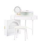 Coiffeuse d'angle avec tabouret Coiffeuse compacte avec miroir éclairé à 360°, tiroir et meuble de rangement, Noyer/Blanc-ModernLuxe