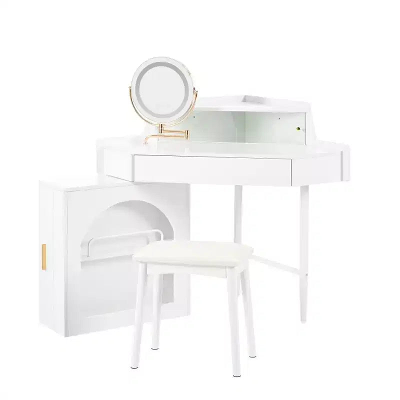 Coiffeuse d'angle avec tabouret Coiffeuse compacte avec miroir éclairé à 360°, tiroir et meuble de rangement, Noyer/Blanc-ModernLuxe