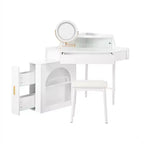 Coiffeuse d'angle avec tabouret Coiffeuse compacte avec miroir éclairé à 360°, tiroir et meuble de rangement, Noyer/Blanc-ModernLuxe