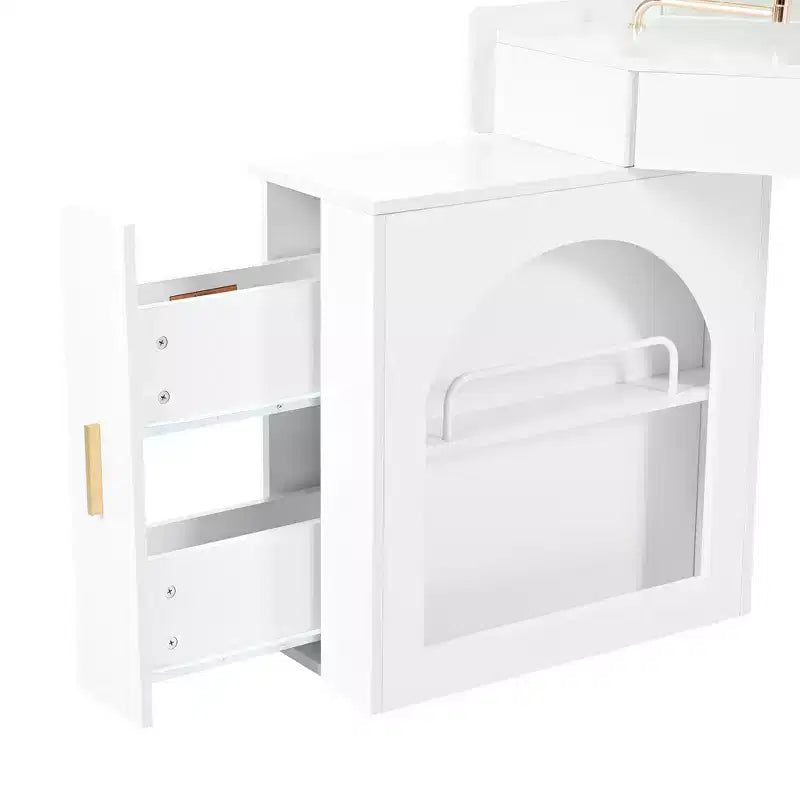 Coiffeuse d'angle avec tabouret Coiffeuse compacte avec miroir éclairé à 360°, tiroir et meuble de rangement, Noyer/Blanc-ModernLuxe