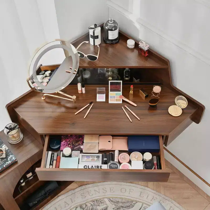 Coiffeuse d'angle avec tabouret Coiffeuse compacte avec miroir éclairé à 360°, tiroir et meuble de rangement, Noyer/Blanc-ModernLuxe