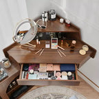 Coiffeuse d'angle avec tabouret Coiffeuse compacte avec miroir éclairé à 360°, tiroir et meuble de rangement, Noyer/Blanc-ModernLuxe