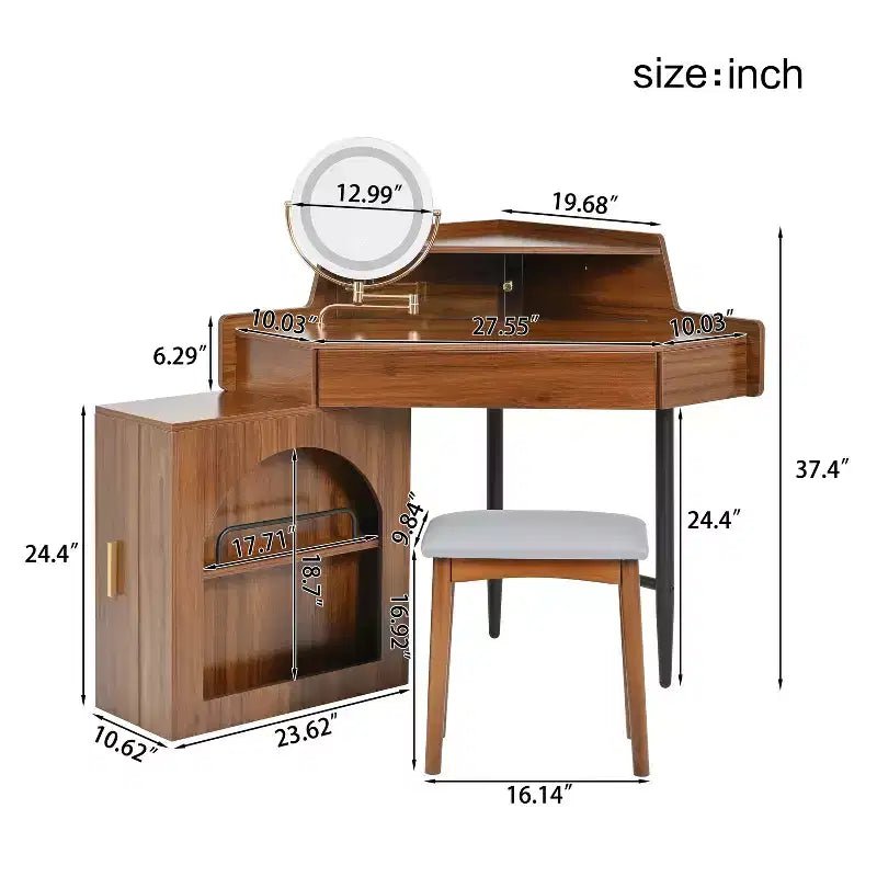 Coiffeuse d'angle avec tabouret Coiffeuse compacte avec miroir éclairé à 360°, tiroir et meuble de rangement, Noyer/Blanc-ModernLuxe