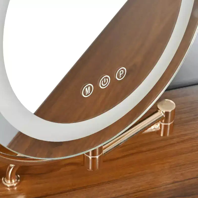 Coiffeuse d'angle avec tabouret Coiffeuse compacte avec miroir éclairé à 360°, tiroir et meuble de rangement, Noyer/Blanc-ModernLuxe