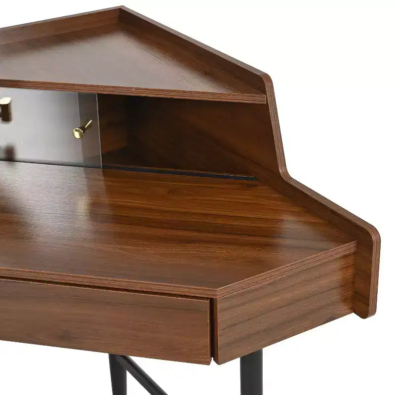 Coiffeuse d'angle avec tabouret Coiffeuse compacte avec miroir éclairé à 360°, tiroir et meuble de rangement, Noyer/Blanc-ModernLuxe