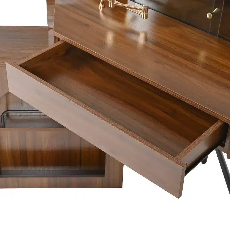 Coiffeuse d'angle avec tabouret Coiffeuse compacte avec miroir éclairé à 360°, tiroir et meuble de rangement, Noyer/Blanc-ModernLuxe
