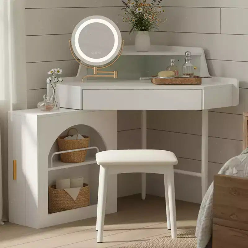 Coiffeuse d'angle avec tabouret Coiffeuse compacte avec miroir éclairé à 360°, tiroir et meuble de rangement, Noyer/Blanc-ModernLuxe