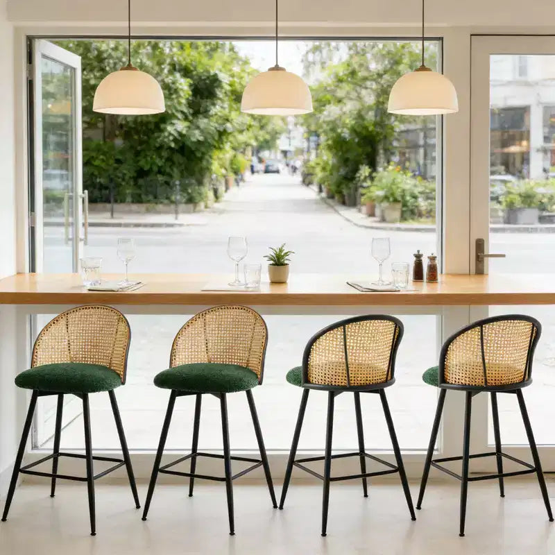 Bekrvio 29 Chaises de bar pivotantes de style Mid-Century Modern, lot de 2/3/4, tabourets de bar rembourrés en tissu bouclette avec dossier en rotin et pieds en métal pour comptoir de cuisine