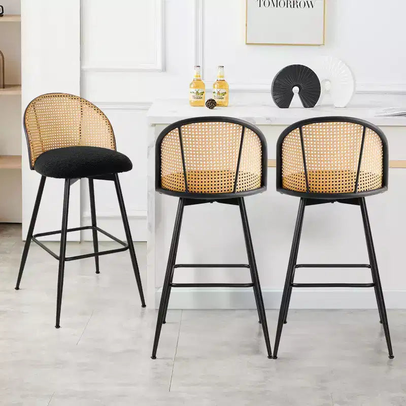 Bekrvio 29 Chaises de bar pivotantes de style Mid-Century Modern, lot de 2/3/4, tabourets de bar rembourrés en tissu bouclette avec dossier en rotin et pieds en métal pour comptoir de cuisine