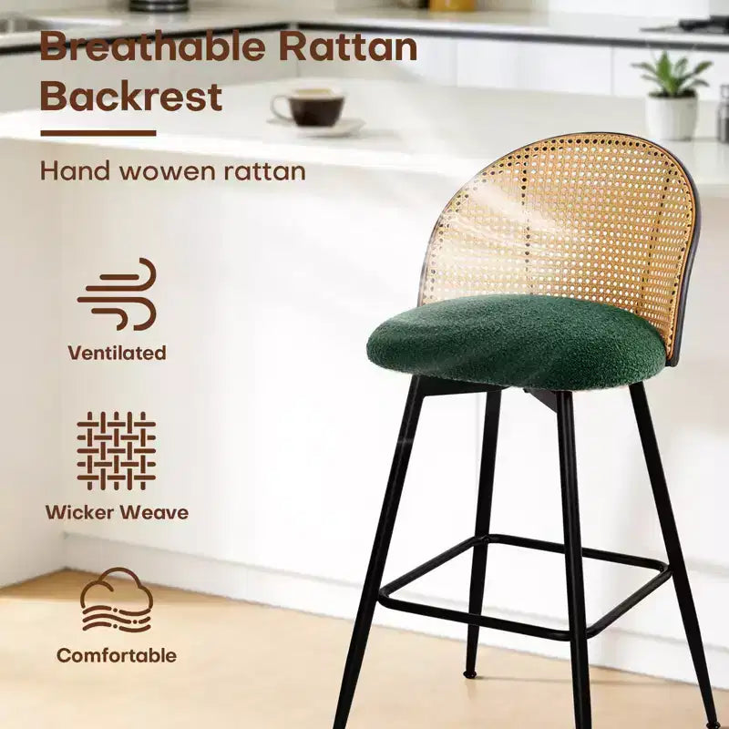 Bekrvio 29 Chaises de bar pivotantes de style Mid-Century Modern, lot de 2/3/4, tabourets de bar rembourrés en tissu bouclette avec dossier en rotin et pieds en métal pour comptoir de cuisine