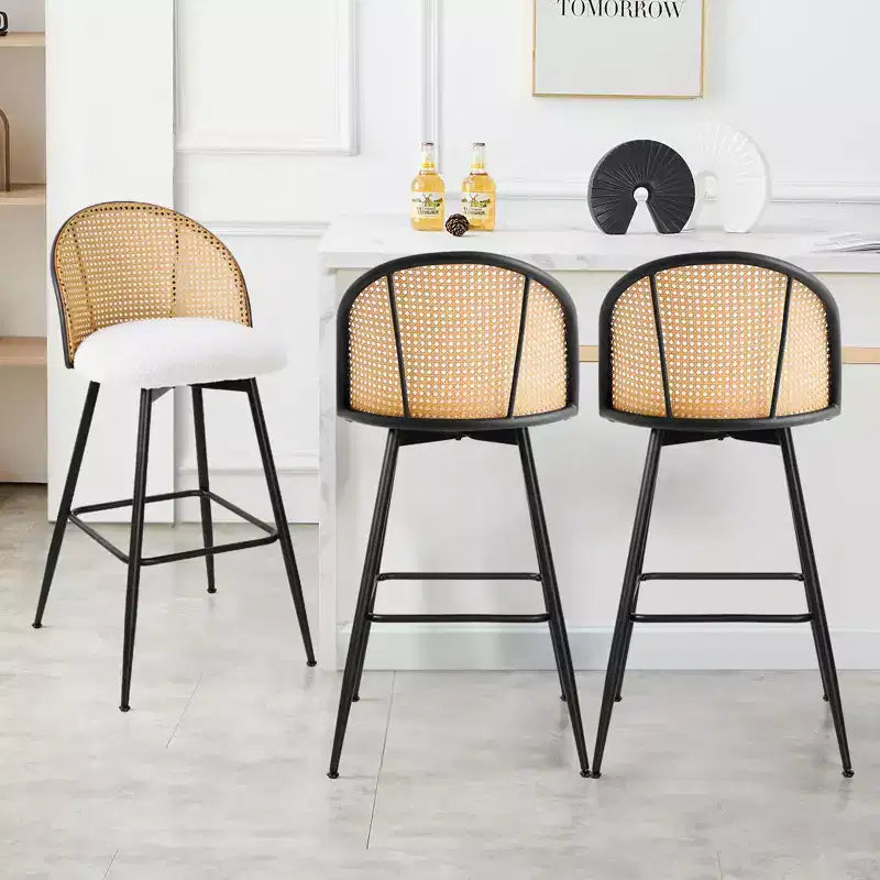 Bekrvio 29 Chaises de bar pivotantes de style Mid-Century Modern, lot de 2/3/4, tabourets de bar rembourrés en tissu bouclette avec dossier en rotin et pieds en métal pour comptoir de cuisine