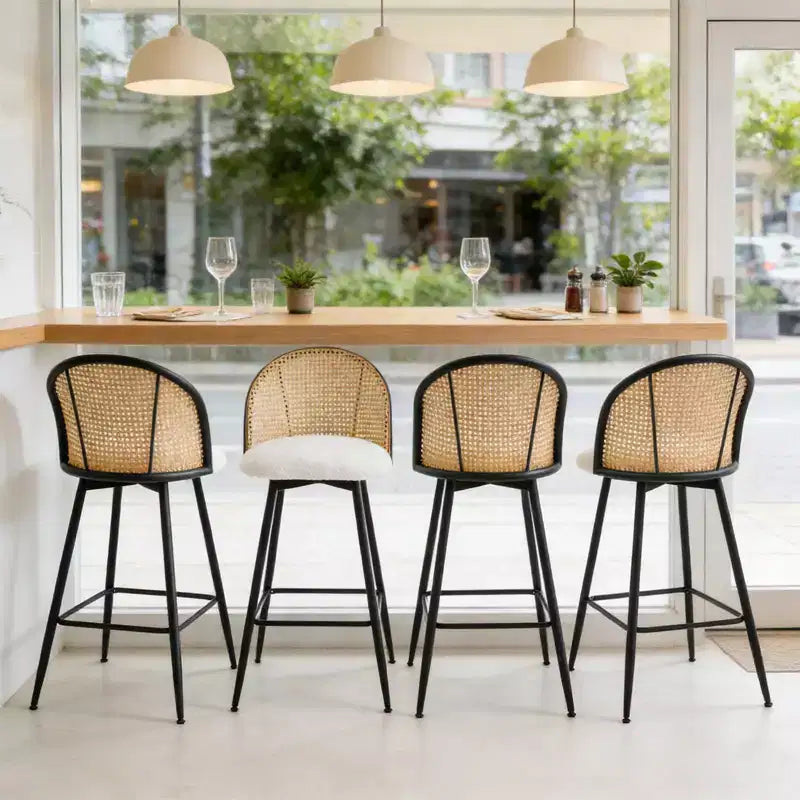 Bekrvio 29 Chaises de bar pivotantes de style Mid-Century Modern, lot de 2/3/4, tabourets de bar rembourrés en tissu bouclette avec dossier en rotin et pieds en métal pour comptoir de cuisine