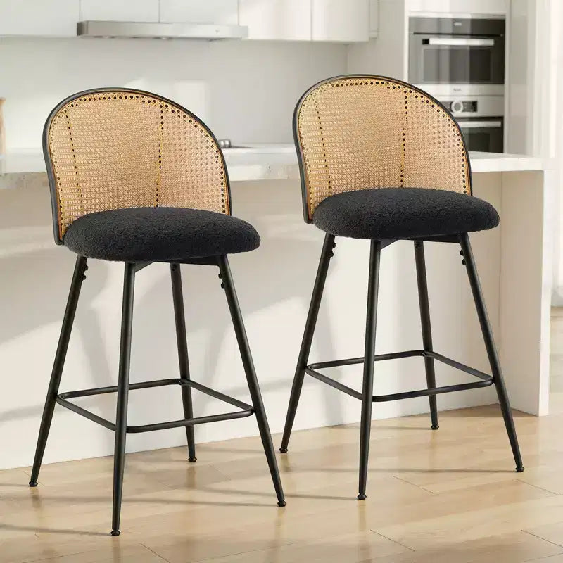 Bekrvio 29 Chaises de bar pivotantes de style Mid-Century Modern, lot de 2/3/4, tabourets de bar rembourrés en tissu bouclette avec dossier en rotin et pieds en métal pour comptoir de cuisine