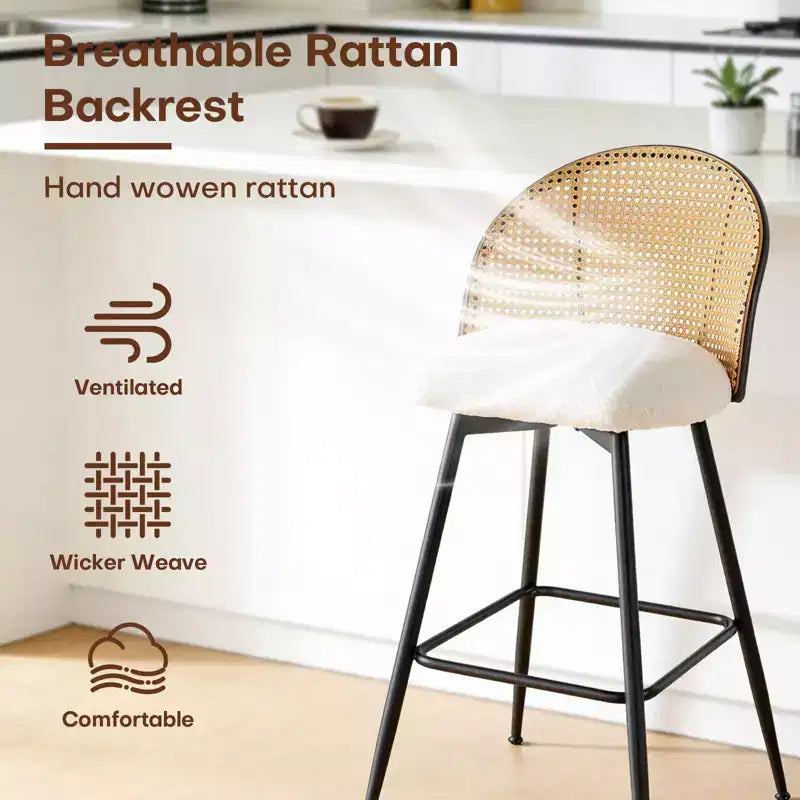 Bekrvio 29 Chaises de bar pivotantes de style Mid-Century Modern, lot de 2/3/4, tabourets de bar rembourrés en tissu bouclette avec dossier en rotin et pieds en métal pour comptoir de cuisine