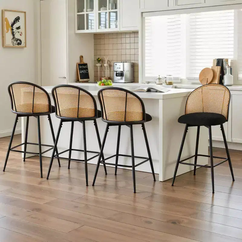 Bekrvio 29 Chaises de bar pivotantes de style Mid-Century Modern, lot de 2/3/4, tabourets de bar rembourrés en tissu bouclette avec dossier en rotin et pieds en métal pour comptoir de cuisine