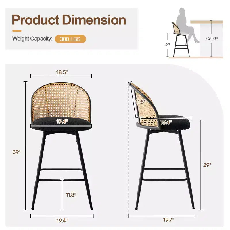 Bekrvio 29 Chaises de bar pivotantes de style Mid-Century Modern, lot de 2/3/4, tabourets de bar rembourrés en tissu bouclette avec dossier en rotin et pieds en métal pour comptoir de cuisine