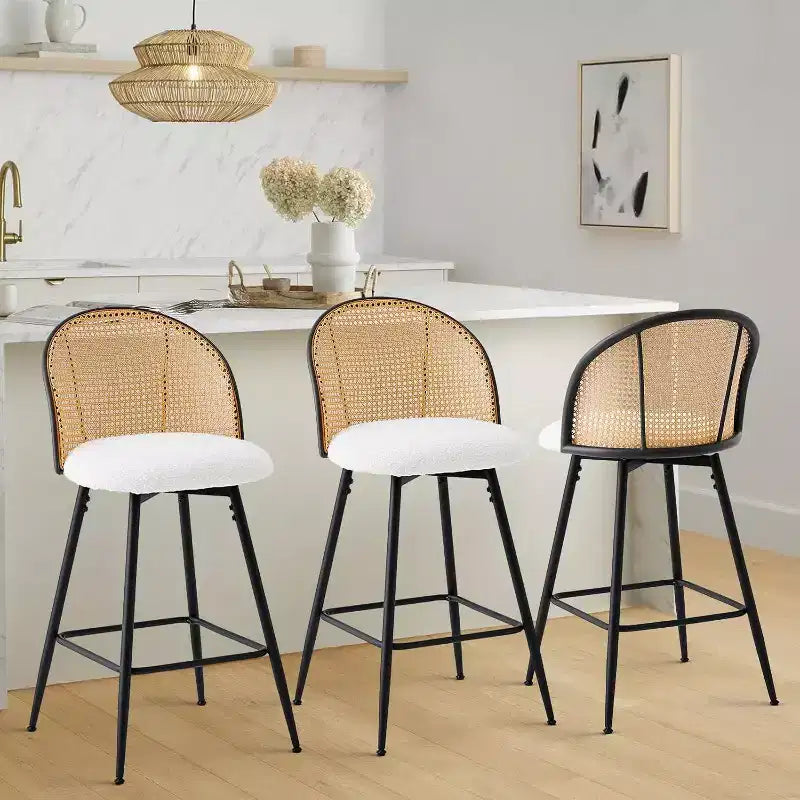 Bekrvio 29 Chaises de bar pivotantes de style Mid-Century Modern, lot de 2/3/4, tabourets de bar rembourrés en tissu bouclette avec dossier en rotin et pieds en métal pour comptoir de cuisine