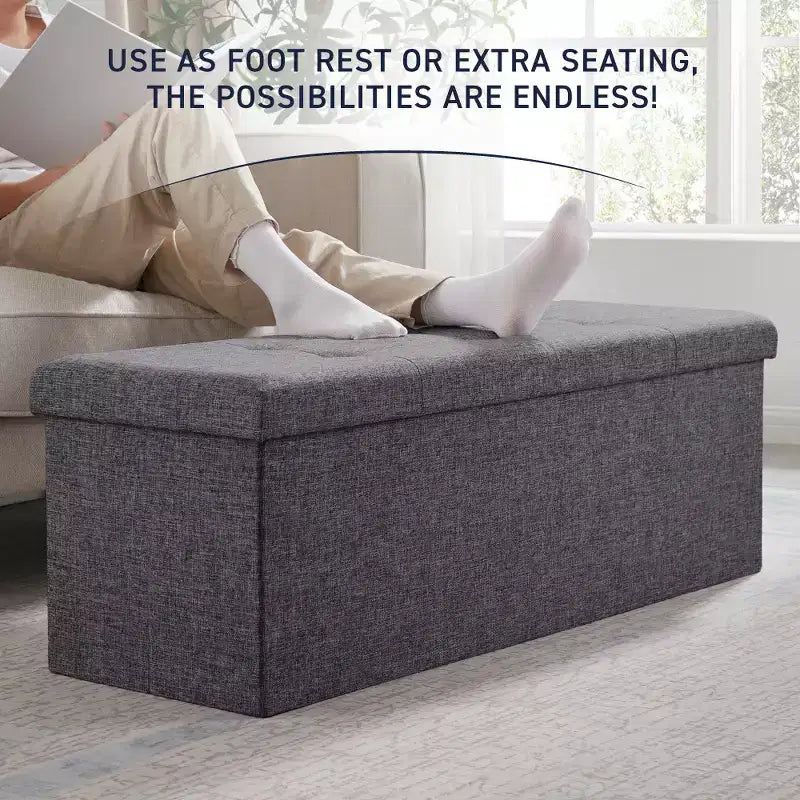 Ornavo Home Banc pouf de rangement pliable capitonné en lin de 109 cm de long