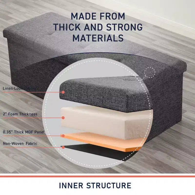 Ornavo Home Banc pouf de rangement pliable capitonné en lin de 109 cm de long