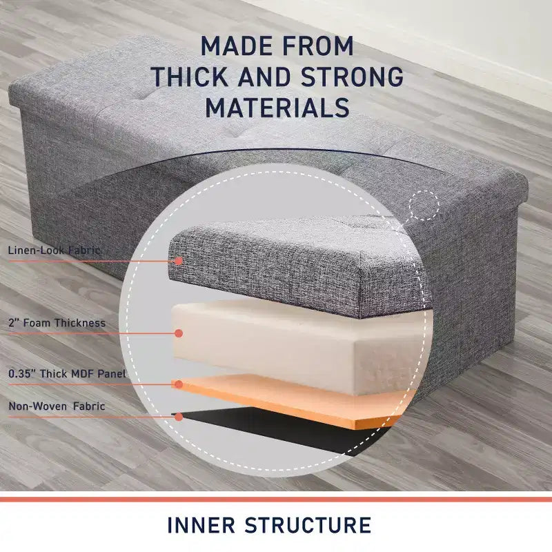 Ornavo Home Banc pouf de rangement pliable capitonné en lin de 109 cm de long