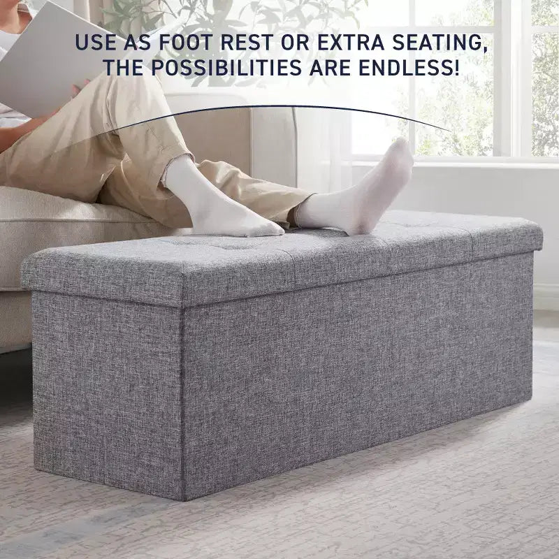 Ornavo Home Banc pouf de rangement pliable capitonné en lin de 109 cm de long