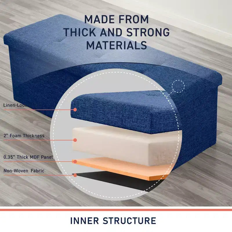 Ornavo Home Banc pouf de rangement pliable capitonné en lin de 109 cm de long