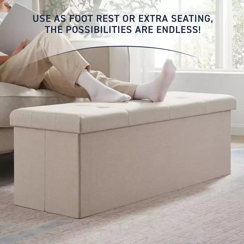 Ornavo Home Banc pouf de rangement pliable capitonné en lin de 109 cm de long