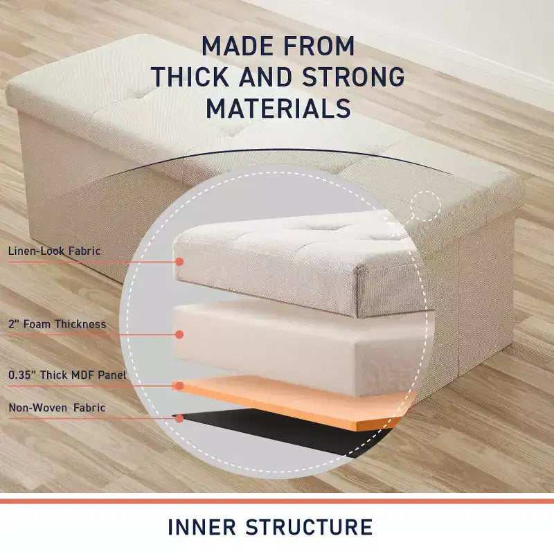 Ornavo Home Banc pouf de rangement pliable capitonné en lin de 109 cm de long