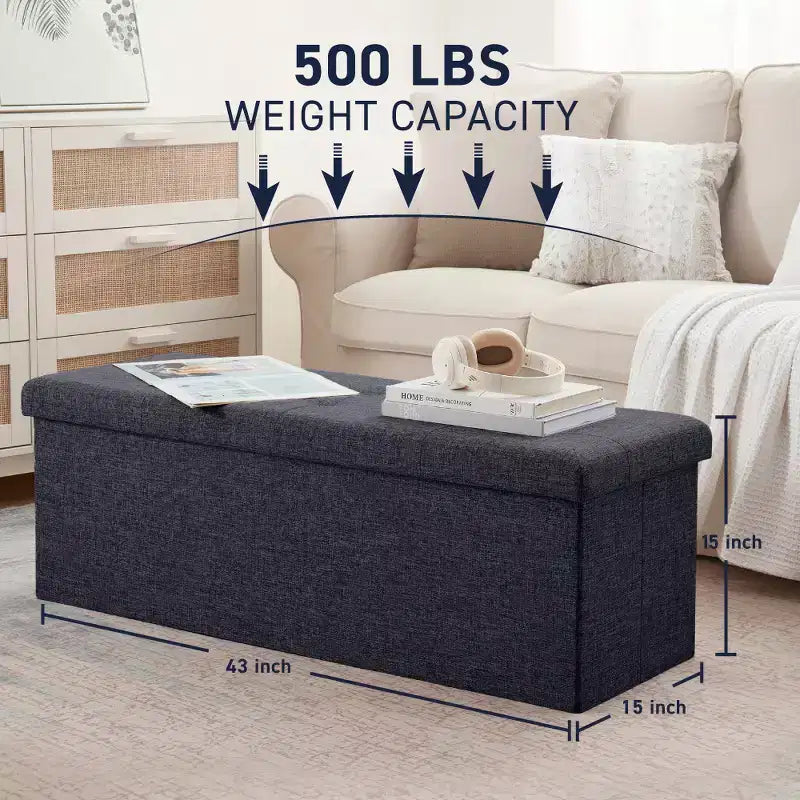 Ornavo Home Banc pouf de rangement pliable capitonné en lin de 109 cm de long
