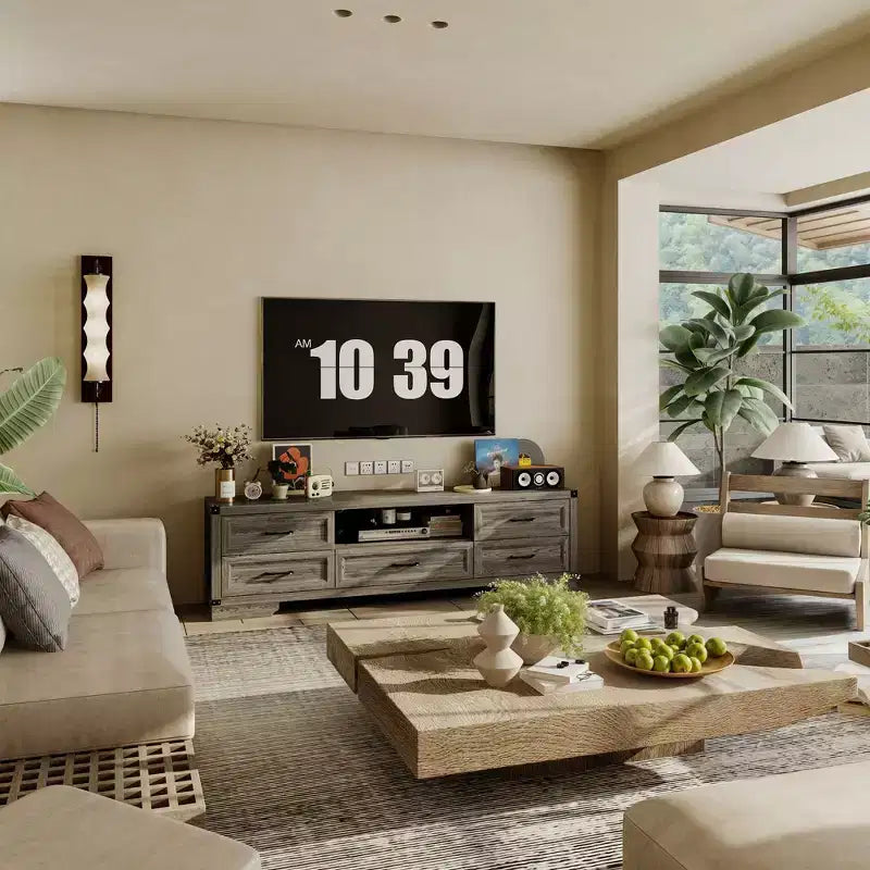 Meuble TV moderne Famapy avec grand plateau, tiroirs multiples et gestion des câbles