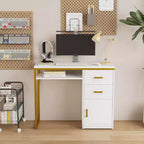 Karl Home | Bureau informatique blanc 2 tiroirs avec rangement et tablette clavier