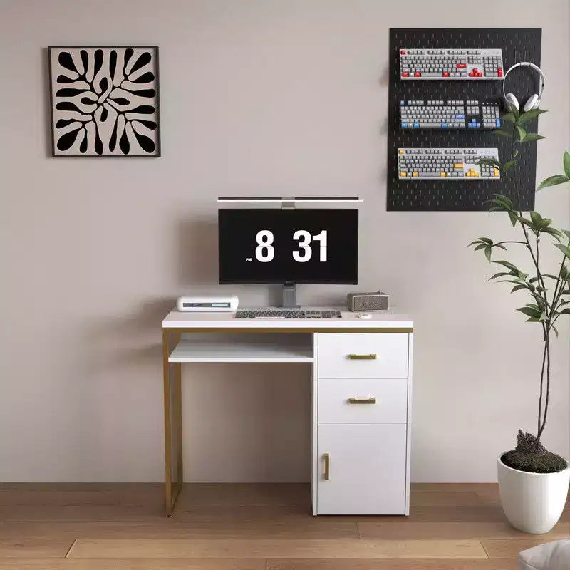 Karl Home | Bureau informatique blanc 2 tiroirs avec rangement et tablette clavier